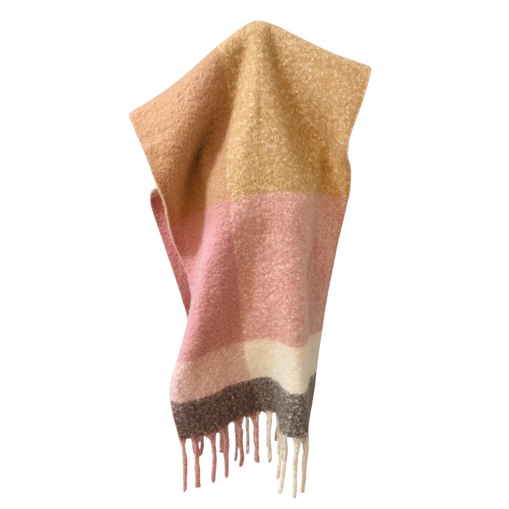 NEW Pink Tan Colorblock Oversized Blanket Scarf with Fringe OS Accessory - Picture 4 of 6